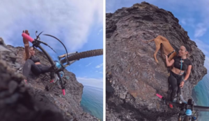 CICLISTA QUASE CAI EM PENHASCO APÓS PERDER CONTROLE DA BICICLETA DURANTE TRILHA NA ESPANHA