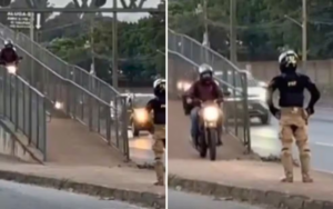 MOTOCICLISTA DÁ DE CARA COM POLICIAL APÓS USAR PASSARELA NA BR-153